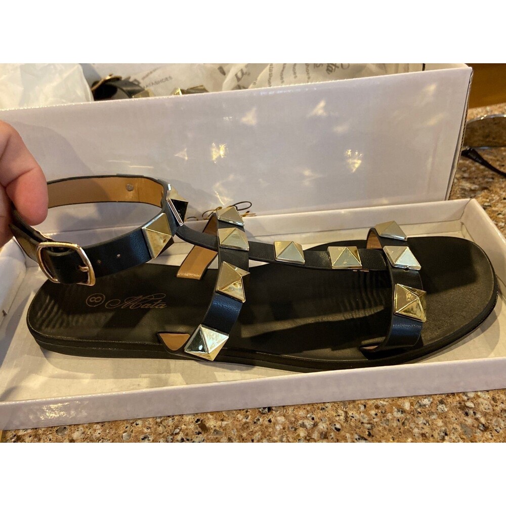 Black Sandals womens size 8 studded gold mata sandals double strap ankle sandals